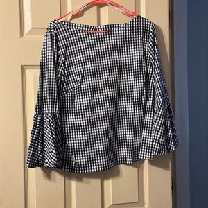 Boutique low neck long sleeve navy/white plaid shirt, with ruffle sleeves